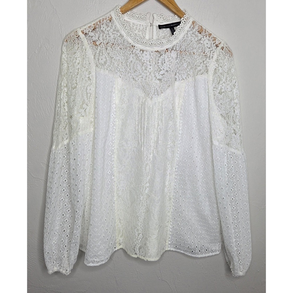 *NEW w/Tags White House Black Market Mixed Lace White Ivory Blouse Top Size 14